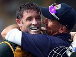 Mike Hussey celebreates with coach Tim Nielsen after his Pakistan heroics